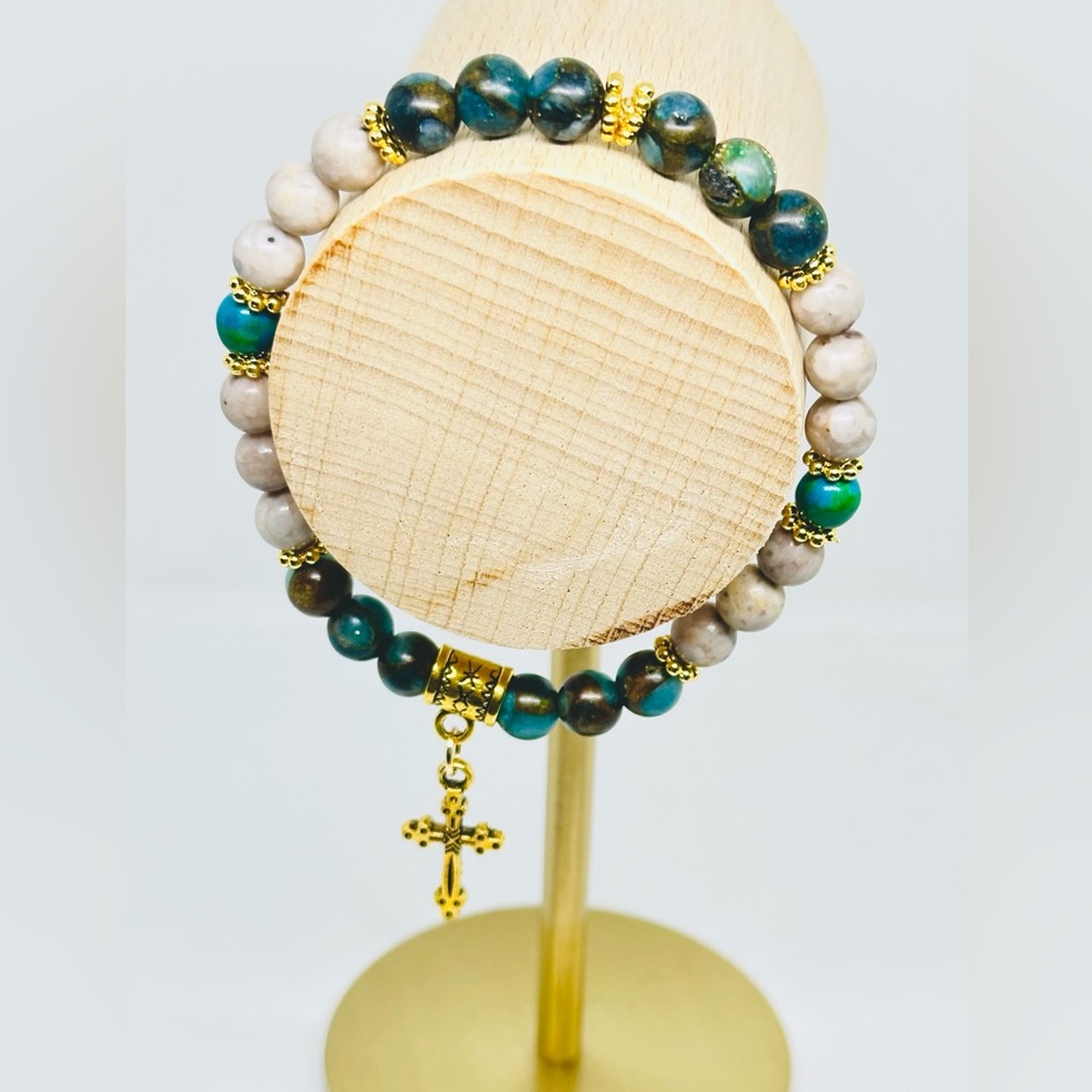 Handmade Jasper Antique Cross Beaded Bracelet 6 mm